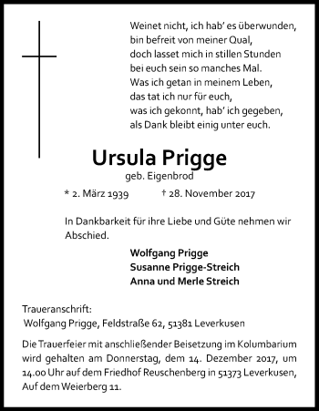 Anzeige von Ursula Prigge von Kölner Stadt-Anzeiger / Kölnische Rundschau / Express