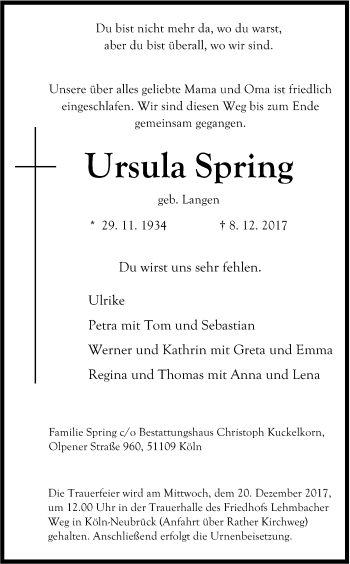 Anzeige von Ursula Spring von Kölner Stadt-Anzeiger / Kölnische Rundschau / Express