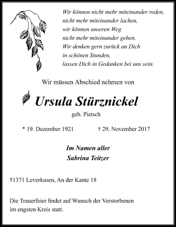 Anzeige von Ursula Stürznickel von Kölner Stadt-Anzeiger / Kölnische Rundschau / Express