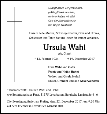 Anzeige von Ursula Wahl von Kölner Stadt-Anzeiger / Kölnische Rundschau / Express