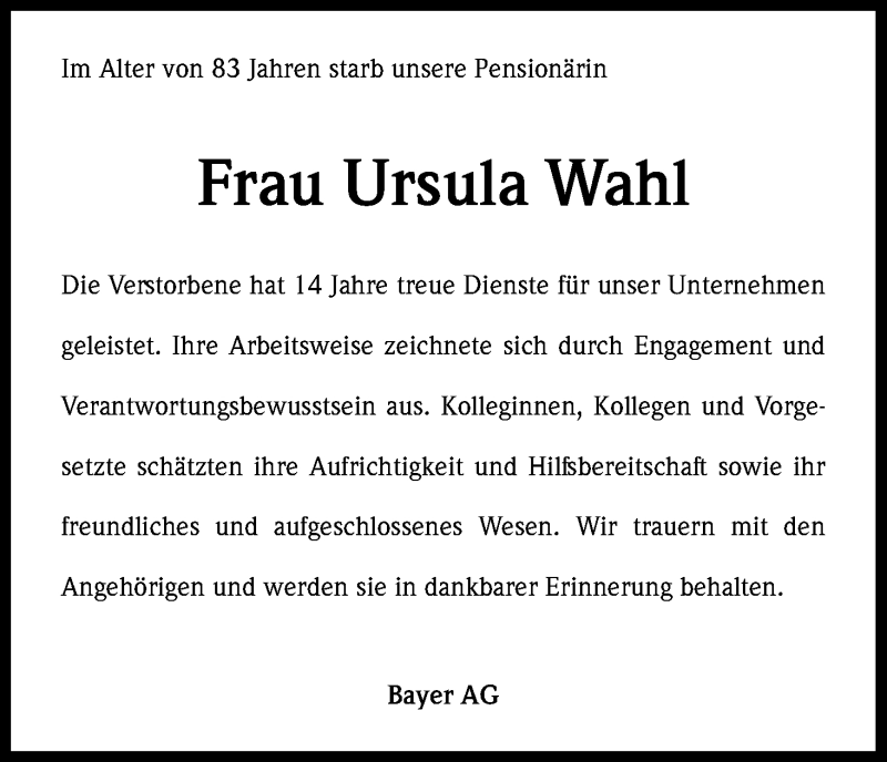  Traueranzeige für Ursula Wahl vom 23.12.2017 aus Kölner Stadt-Anzeiger / Kölnische Rundschau / Express