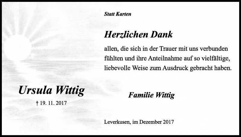  Traueranzeige für Ursula Wittig vom 16.12.2017 aus Kölner Stadt-Anzeiger / Kölnische Rundschau / Express