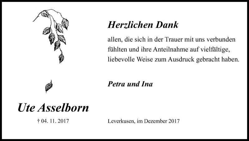  Traueranzeige für Ute Asselborn vom 08.12.2017 aus Kölner Stadt-Anzeiger / Kölnische Rundschau / Express