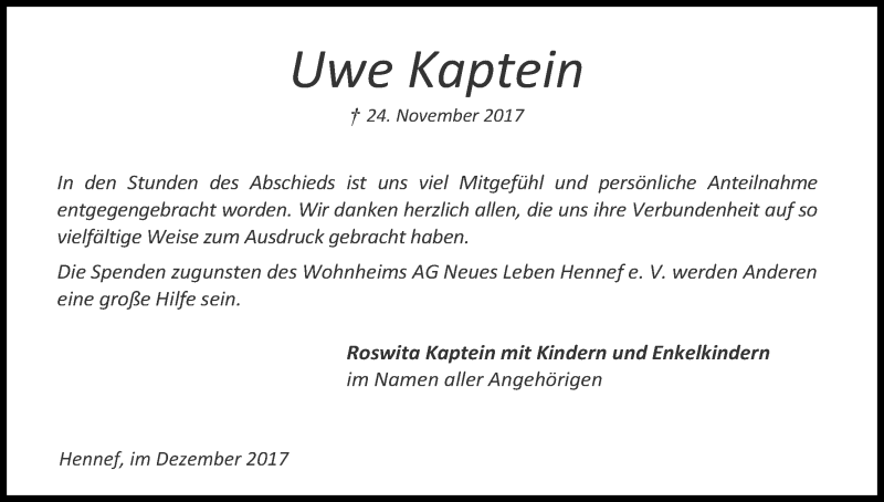  Traueranzeige für Uwe Kaptein vom 23.12.2017 aus Kölner Stadt-Anzeiger / Kölnische Rundschau / Express