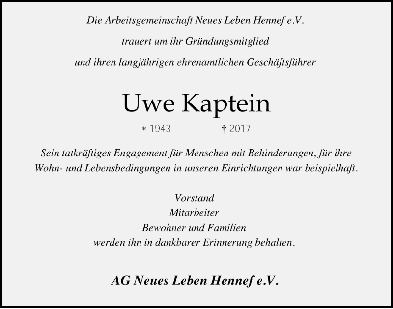  Traueranzeige für Uwe Kaptein vom 06.12.2017 aus  Extra Blatt 