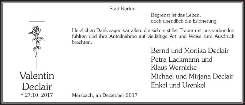  Traueranzeige für Valentin Declair vom 13.12.2017 aus  Schaufenster/Blickpunkt 