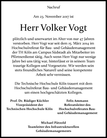 Anzeige von Volker Vogt von Kölner Stadt-Anzeiger / Kölnische Rundschau / Express