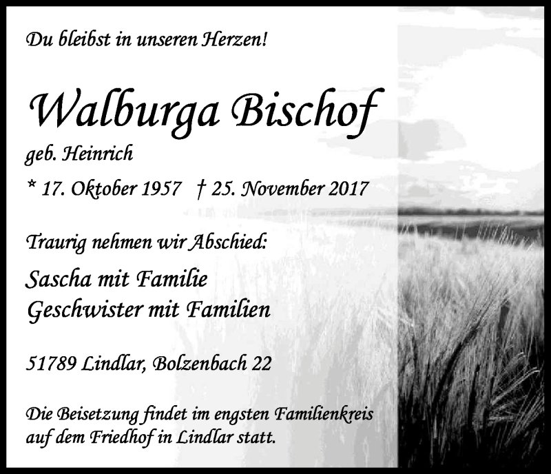  Traueranzeige für Walburga Bischof vom 02.12.2017 aus Kölner Stadt-Anzeiger / Kölnische Rundschau / Express