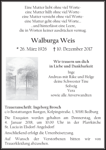 Anzeige von Walburga Weis von  Werbepost 