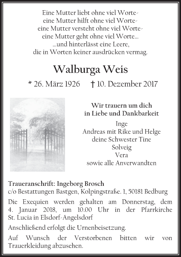  Traueranzeige für Walburga Weis vom 28.12.2017 aus  Werbepost 