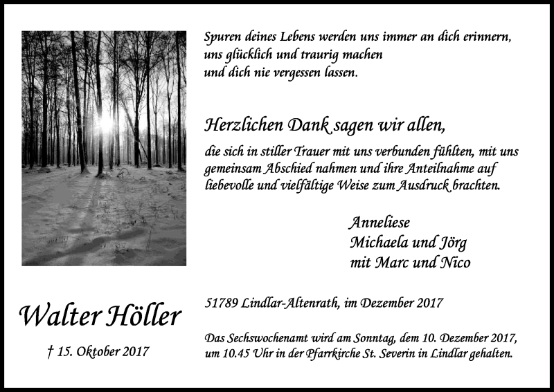  Traueranzeige für Walter Höller vom 02.12.2017 aus Kölner Stadt-Anzeiger / Kölnische Rundschau / Express