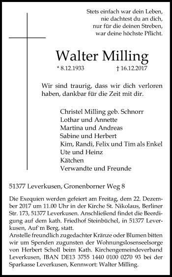 Anzeige von Walter Milling von Kölner Stadt-Anzeiger / Kölnische Rundschau / Express