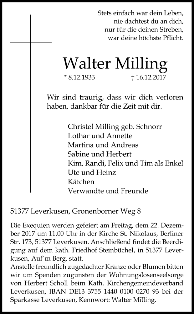  Traueranzeige für Walter Milling vom 20.12.2017 aus Kölner Stadt-Anzeiger / Kölnische Rundschau / Express