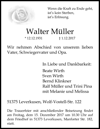 Anzeige von Walter Müller von Kölner Stadt-Anzeiger / Kölnische Rundschau / Express