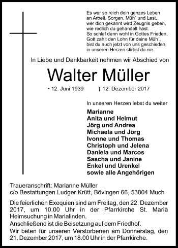 Anzeige von Walter Müller von Kölner Stadt-Anzeiger / Kölnische Rundschau / Express