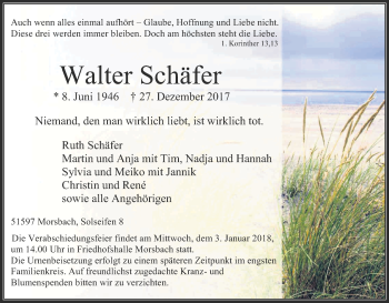 Anzeige von Walter Schäfer von Kölner Stadt-Anzeiger / Kölnische Rundschau / Express