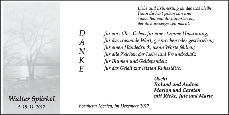  Traueranzeige für Walter Spürkel vom 20.12.2017 aus  Schlossbote/Werbekurier 