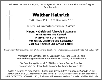 Anzeige von Walther Heinrich von Kölner Stadt-Anzeiger / Kölnische Rundschau / Express