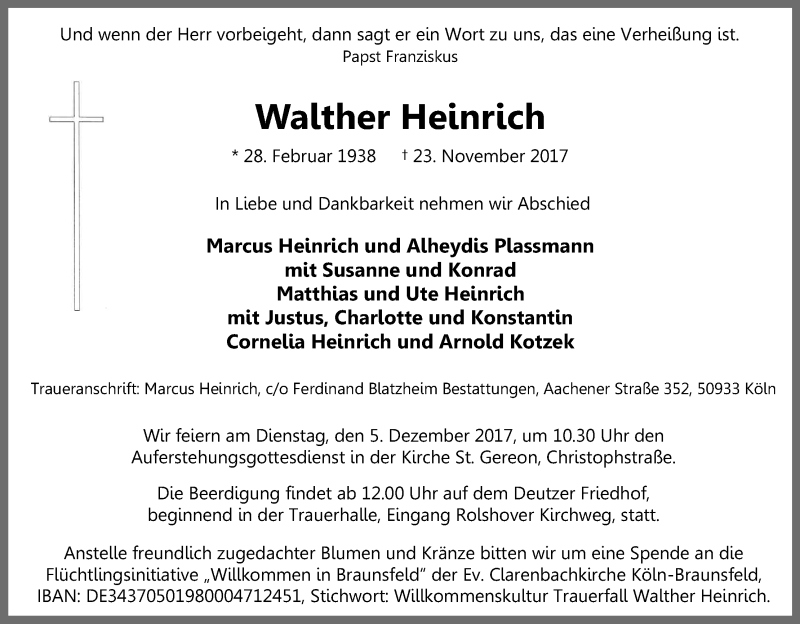  Traueranzeige für Walther Heinrich vom 02.12.2017 aus Kölner Stadt-Anzeiger / Kölnische Rundschau / Express