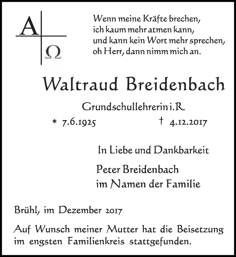  Traueranzeige für Waltraud Breidenbach vom 20.12.2017 aus  Schlossbote/Werbekurier 