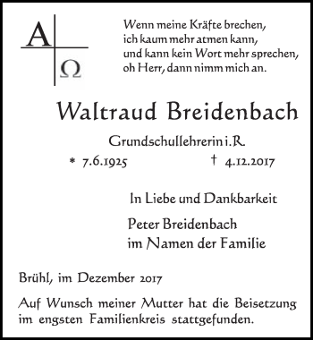 Anzeige von Waltraud Breidenbach von  Schlossbote/Werbekurier 