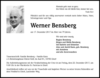 Anzeige von Werner Bensberg von Kölner Stadt-Anzeiger / Kölnische Rundschau / Express