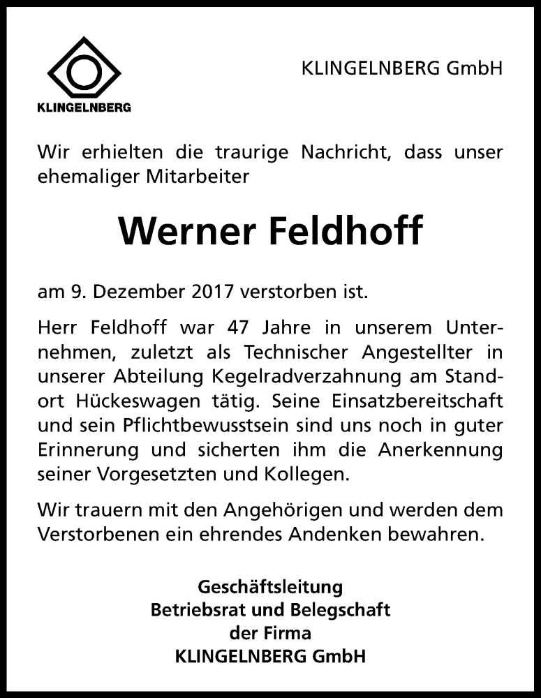  Traueranzeige für Werner Feldhoff vom 19.12.2017 aus Kölner Stadt-Anzeiger / Kölnische Rundschau / Express