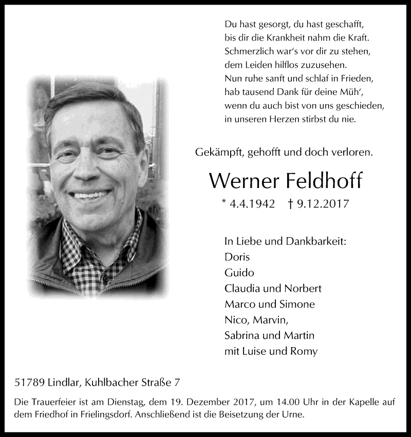  Traueranzeige für Werner Feldhoff vom 15.12.2017 aus Kölner Stadt-Anzeiger / Kölnische Rundschau / Express