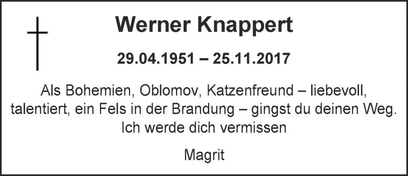  Traueranzeige für Werner Knappert vom 20.12.2017 aus  Kölner Wochenspiegel 