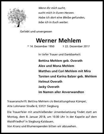 Anzeige von Werner Mehlem von Kölner Stadt-Anzeiger / Kölnische Rundschau / Express
