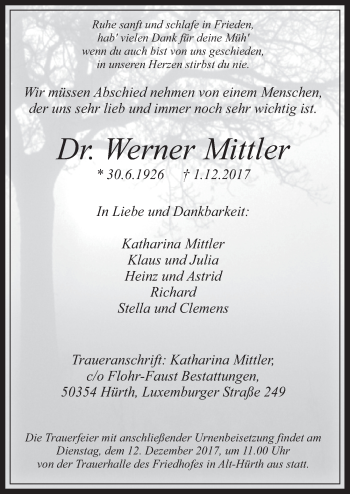 Anzeige von Werner Mittler von  Wochenende 