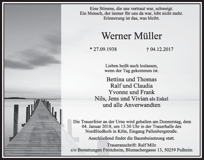  Traueranzeige für Werner Müller vom 09.12.2017 aus  Sonntags-Post 