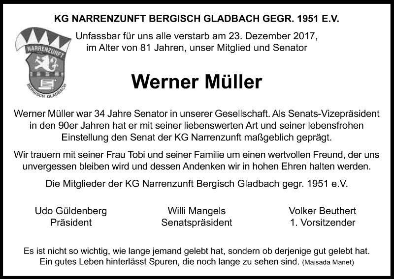  Traueranzeige für Werner Müller vom 30.12.2017 aus Kölner Stadt-Anzeiger / Kölnische Rundschau / Express