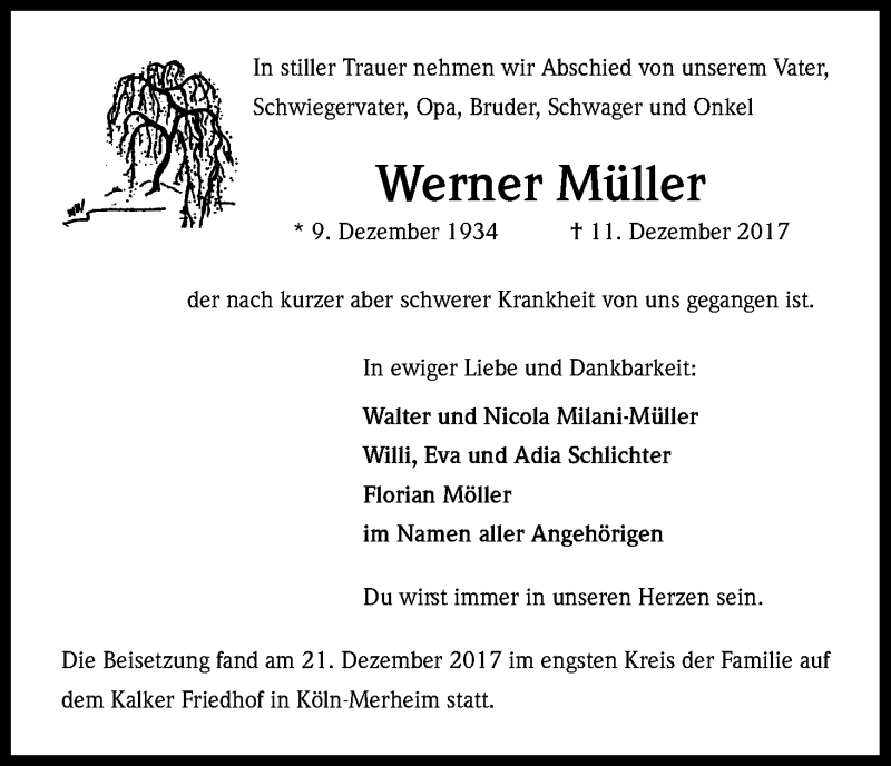  Traueranzeige für Werner Müller vom 29.12.2017 aus Kölner Stadt-Anzeiger / Kölnische Rundschau / Express
