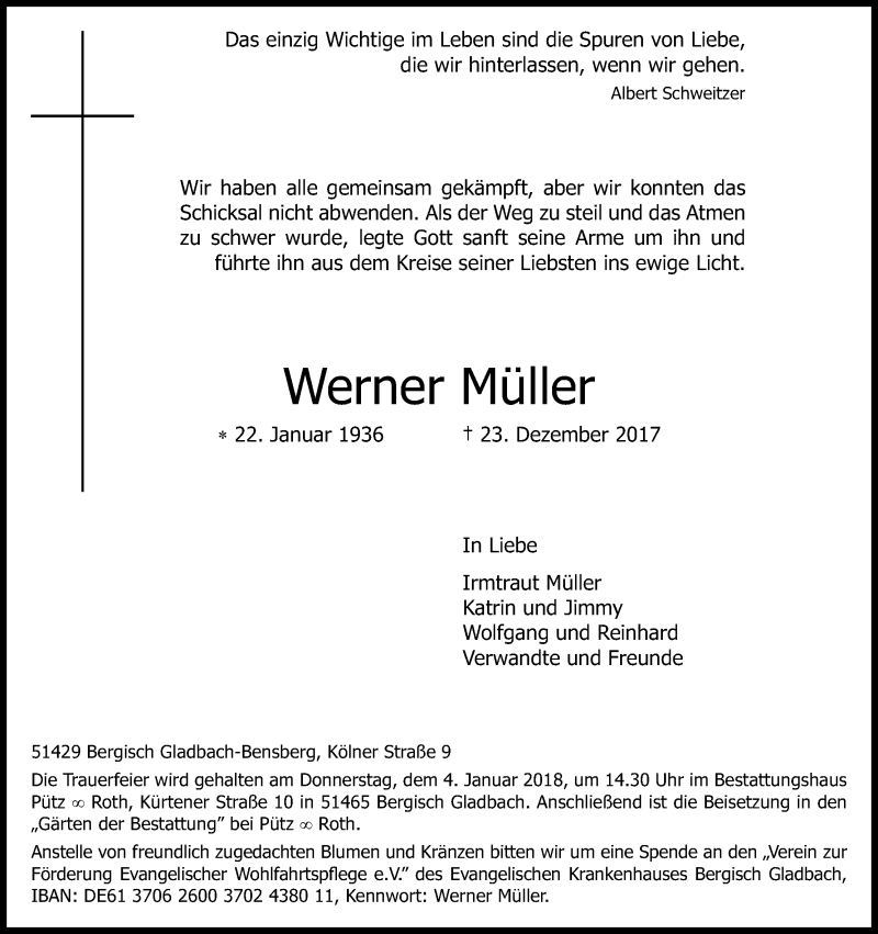  Traueranzeige für Werner Müller vom 30.12.2017 aus Kölner Stadt-Anzeiger / Kölnische Rundschau / Express