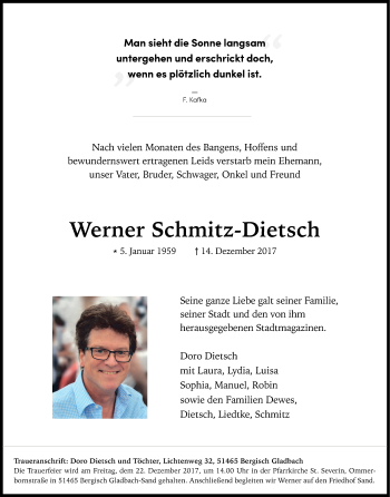 Anzeige von Werner Schmitz-Dietsch von Kölner Stadt-Anzeiger / Kölnische Rundschau / Express