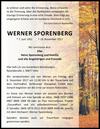 Anzeige von Werner Sporenberg von Kölner Stadt-Anzeiger / Kölnische Rundschau / Express