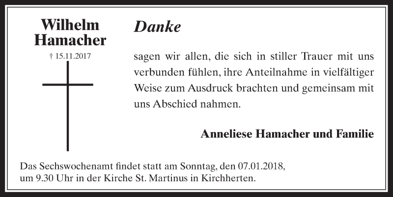  Traueranzeige für Wilhelm Hamacher vom 30.12.2017 aus  Sonntags-Post 