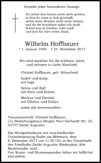 Anzeige von Wilhelm Hoffbauer von Kölner Stadt-Anzeiger / Kölnische Rundschau / Express