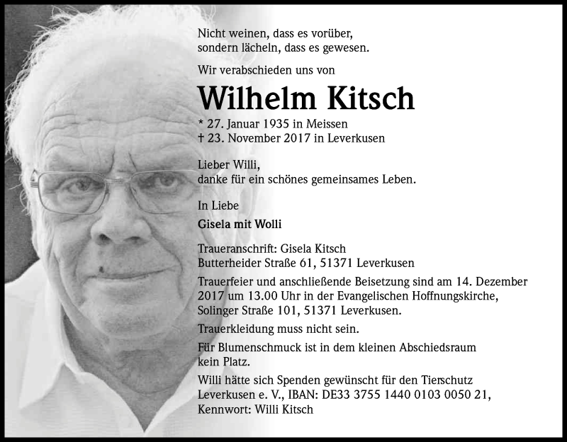  Traueranzeige für Wilhelm Kitsch vom 02.12.2017 aus Kölner Stadt-Anzeiger / Kölnische Rundschau / Express