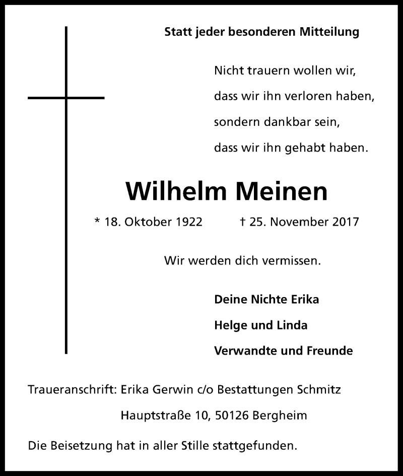  Traueranzeige für Wilhelm Meinen vom 02.12.2017 aus Kölner Stadt-Anzeiger / Kölnische Rundschau / Express