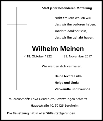 Anzeige von Wilhelm Meinen von Kölner Stadt-Anzeiger / Kölnische Rundschau / Express
