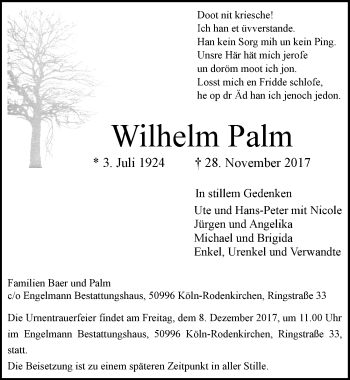 Anzeige von Wilhelm Palm von  Kölner Wochenspiegel 