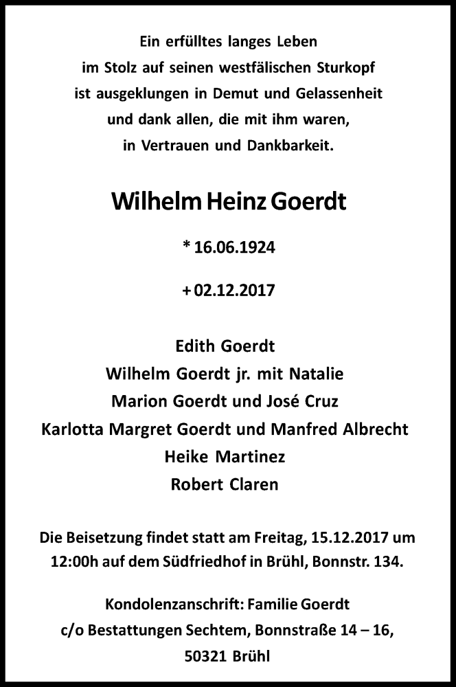  Traueranzeige für Wilhelm Heinz Goerdt vom 09.12.2017 aus Kölner Stadt-Anzeiger / Kölnische Rundschau / Express
