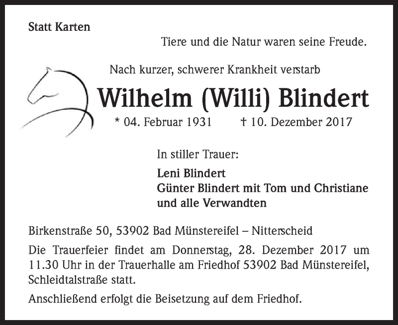  Traueranzeige für Wilhelm Willi Blindert vom 16.12.2017 aus  Blickpunkt Euskirchen 