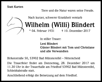 Anzeige von Wilhelm Willi Blindert von Kölner Stadt-Anzeiger / Kölnische Rundschau / Express