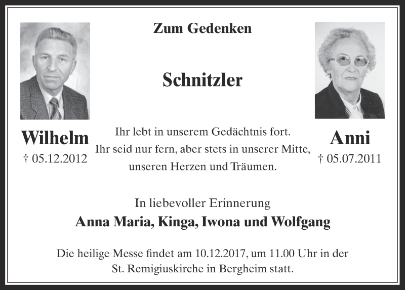  Traueranzeige für Wilhelm und Anni Schnitzler vom 06.12.2017 aus  Werbepost 