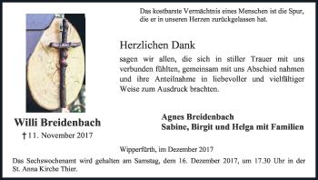 Anzeige von Willi Breidenbach von Kölner Stadt-Anzeiger / Kölnische Rundschau / Express