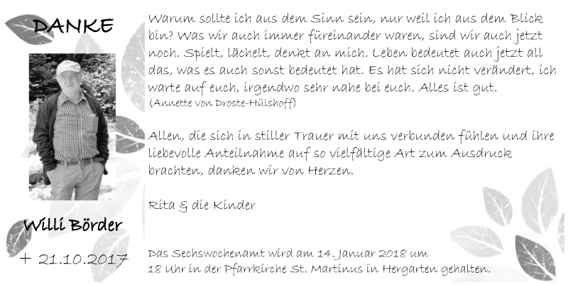  Traueranzeige für Willi Börder vom 30.12.2017 aus  Blickpunkt Euskirchen 