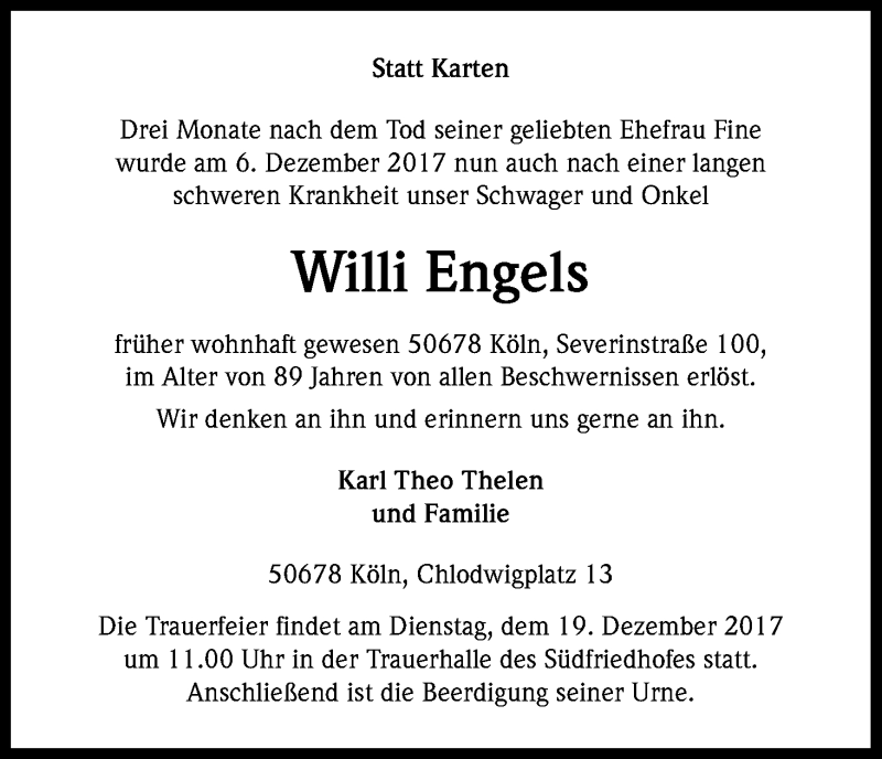  Traueranzeige für Willi Engels vom 16.12.2017 aus Kölner Stadt-Anzeiger / Kölnische Rundschau / Express